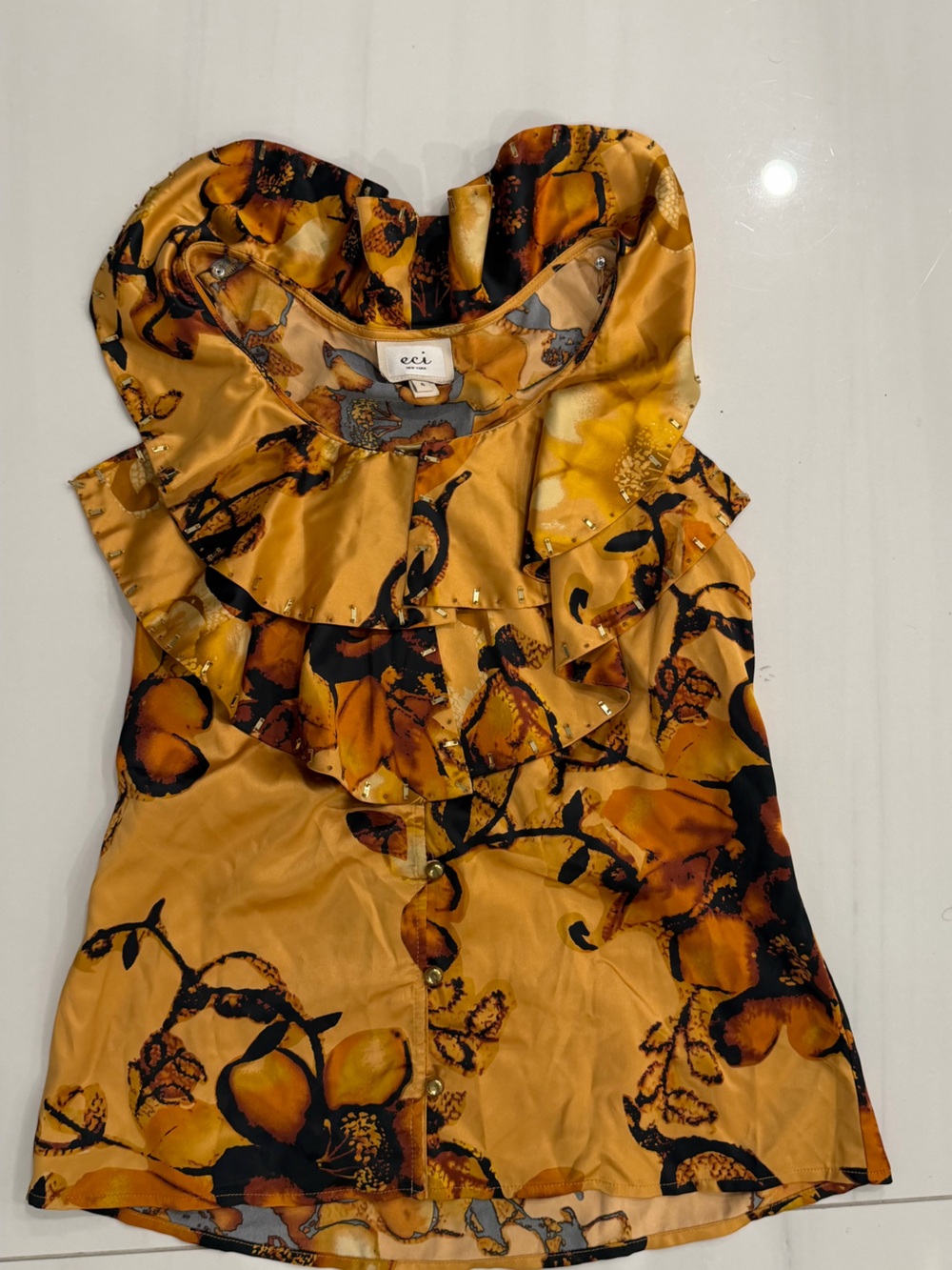 ECI Mustard Yellow Floral Ruffle Button-Front Top